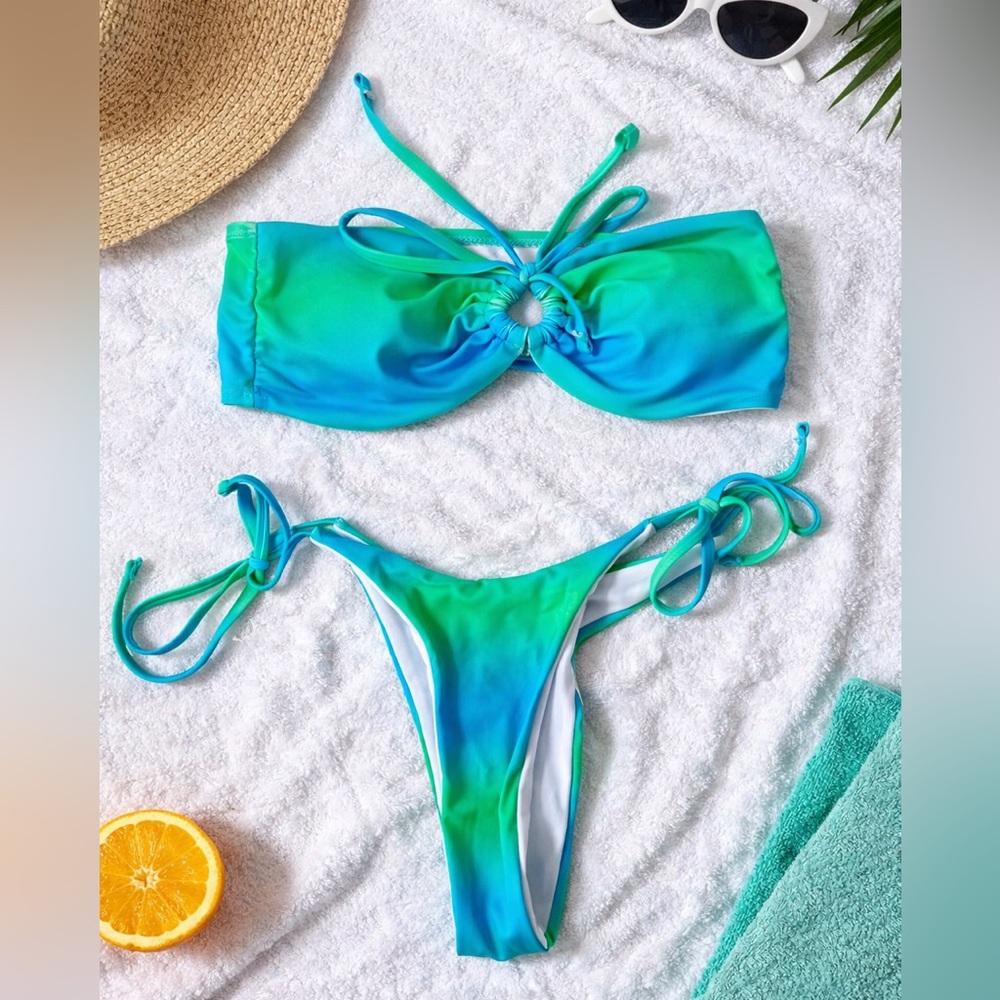 Blue Green Ombre Bandeau Bikini Set Ring Detail Tie Side Bottom S tropical 🏝️ 💙